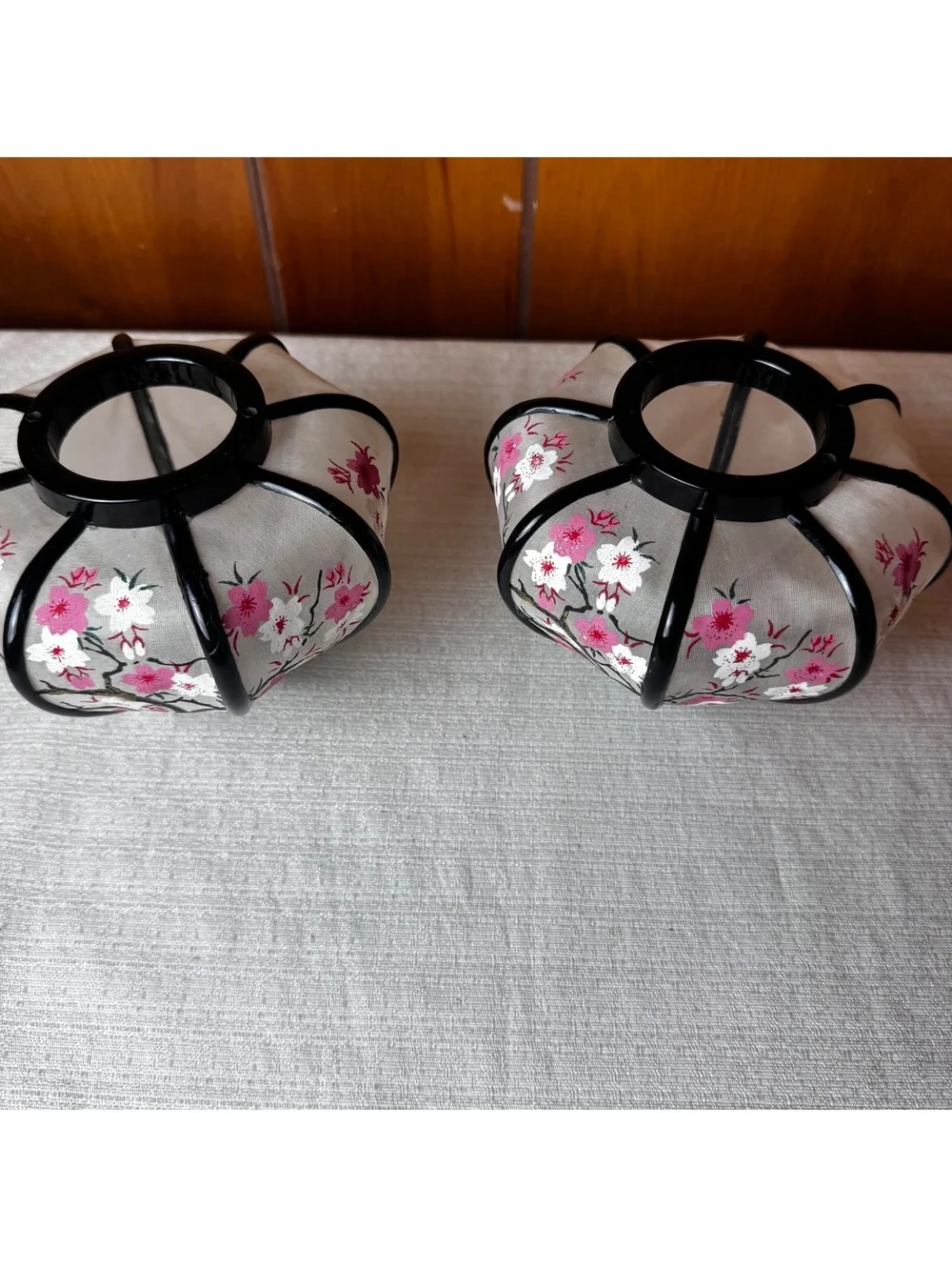 Vintage Japanese Hina Doll Bonbori Lantern Tops Pair Cherry Blossom Pink Black